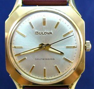 Bulova 1966 Vintage Swiss 17j Automatic 10k Rgp Watch With Leather Strap