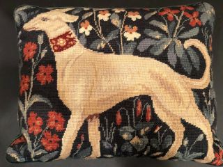 Vintage Needlepoint Pillow Dog W/flowers & Green Velvet Backing Jacobean Style