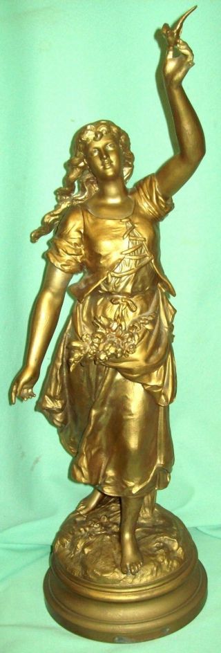 Antique Vintage Large Auguste Moreau Signed Metal Statue Sculpture Lady W Dove
