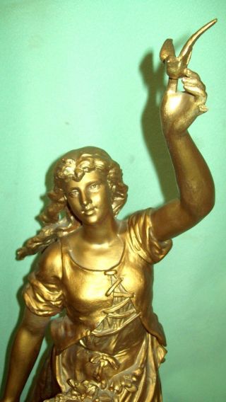 Antique Vintage LARGE Auguste Moreau Signed Metal Statue Sculpture LADY w DOVE 2