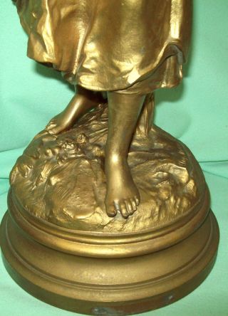 Antique Vintage LARGE Auguste Moreau Signed Metal Statue Sculpture LADY w DOVE 4