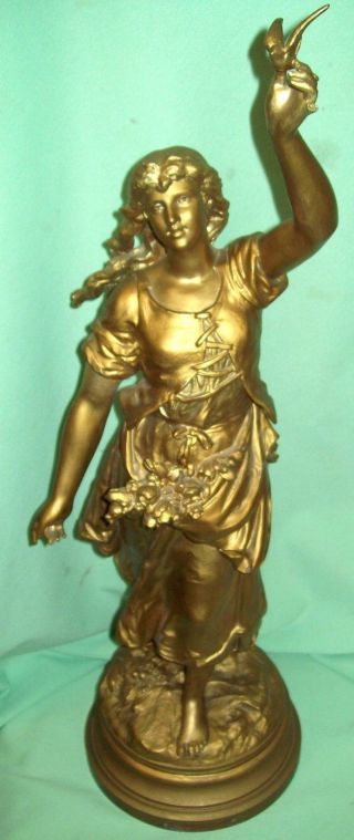 Antique Vintage LARGE Auguste Moreau Signed Metal Statue Sculpture LADY w DOVE 6