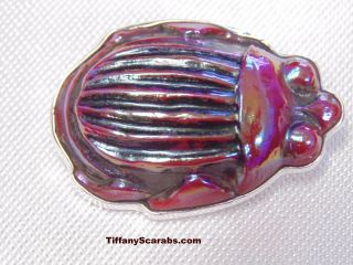 Large Antique Red Tiffany Favrile Art Glass Scarab Sterling Silver Pendant / Pin