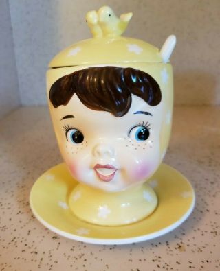 Vintage Napco Miss Cutie Pie Yellow Jam Jar Pot With Spoon