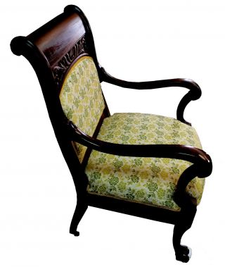 Antique Early 20th c.  Hand - Carved Rosewood Arm Chair,  Re - Upholstered in 1960s 2