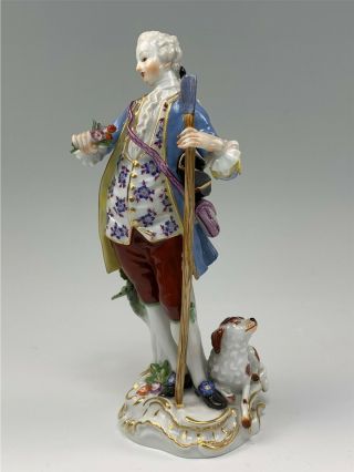 Antique Meissen Figurine Man Holding Shovel & Spaniel Dog