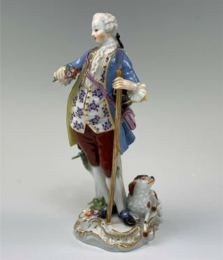 Antique Meissen Figurine Man Holding Shovel & Spaniel Dog 2