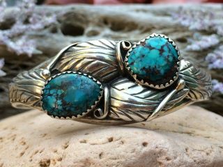 Vintage Navajo Sterling Silver Spiderweb Turquoise Cuff Bracelet Old Pawn Wow