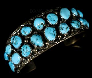 Navajo Vintage Very Old Pawn Secatero Cluster Turquoise Sterling Bracelet