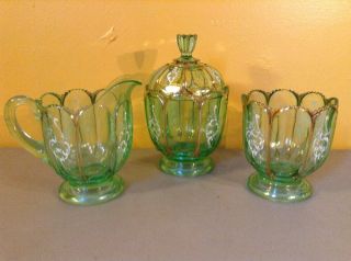 Vintage Antique Glass Green Vaseline Hand Painted Grapes Sugar Creamer Set