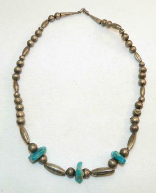 Vintage Navajo Hand Wrought Sterling Silver Turquoise Bead Necklace