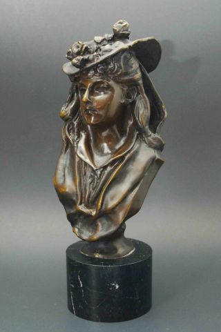 Antique Bronze Bust Sculpture Young Girl Woman Lady With Hat Marble Base Signed