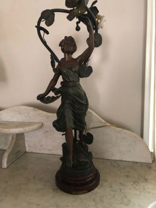 Antique French ? Rousseau Spelter Figural Lamp Woman C.  1920 Paris