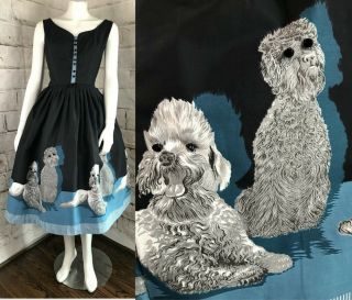 Vintage 50s Novelty M Dogs Poodle Pleat Skirt Sun Dress 1950s Kerrybrooke Sears