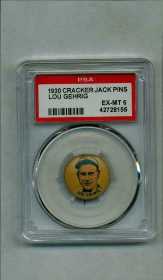 Rare 1930 Cracker Jack Baseball Pin Lou Gehrig York Yankees Psa Ex - Mt 6