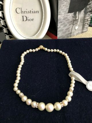 Vtg Christian Dior Strand Of Faux Pearls Rhinestone Rondelle And Clasp