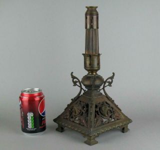 Antique 19th C Gothic Revival Reticulated Solid Bronze Lamp Base Grotesque Bats