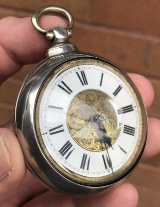A GENTS UNUSUAL ANTIQUE SOLID SILVER PAIR CASED VERGE / FUSEE POCKET WATCH 1860. 7