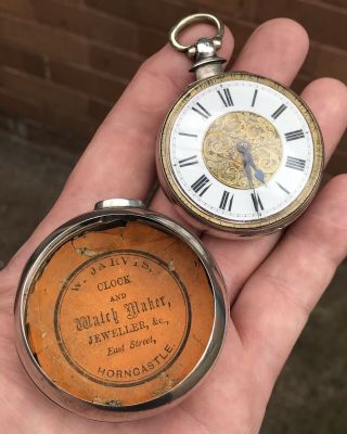 A GENTS UNUSUAL ANTIQUE SOLID SILVER PAIR CASED VERGE / FUSEE POCKET WATCH 1860. 9