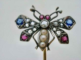 Fine Antique High Carat Gold Diamond,  Sapphire,  Ruby & Seed Pearl Stick Pin.