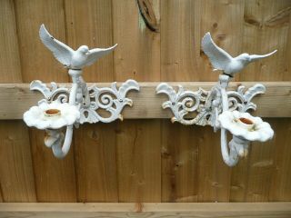 Pair Vintage Cast Iron Bird Dove Sconces Wall Candle Holders French Country