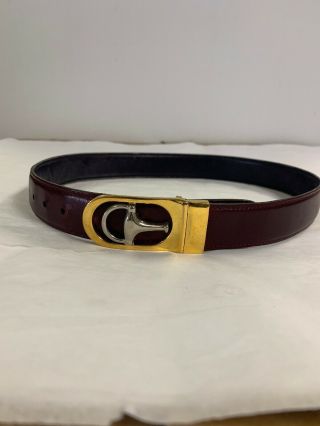 Vtg Gucci Gold Tone Reversible Brown / Burgundy Leather Horsebit Belt
