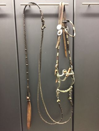 Vintage Silver Bit With Round Ferrell Headstall And Reins And Romel.