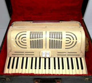 Vintage " Elettra " 2 Voice Accordion,  Case,  Cream Mother Of Pearl,  Made In Italy