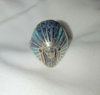 Vintage Native American Indian Head Turquoise And Coral Inlay Ster Silver Ring