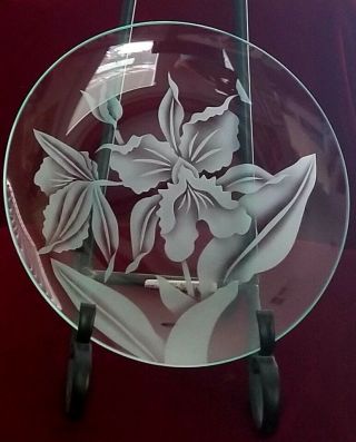 Vtg Frank Oda Hawaiian Floral Etched Glassware Plate Collectable
