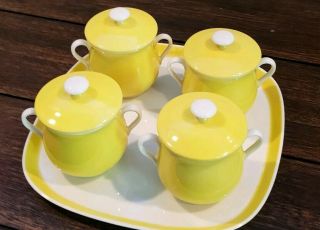 Vintage Fitz And Floyd Spring Yellow Pot De Creme Pots (set Of 4 W/tray)