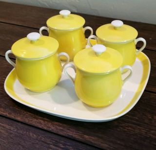Vintage Fitz and Floyd Spring Yellow Pot de Creme pots (Set Of 4 w/tray) 3