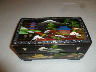 Vintage Japanese Music Jewelry Box Hand Painted Laquer Wood Japan Scene Mt Fuji