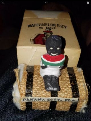 Vintage Black Americana Boy On Miniature Cotton Bale Souvenir Racist