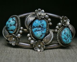 Huge Vintage Native American Navajo Turquoise Sterling Silver Foliate Bracelet