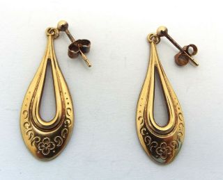 9ct Yellow Gold Drop Earrings Vintage Arts And Crafts Jewellery Butterfly Clip