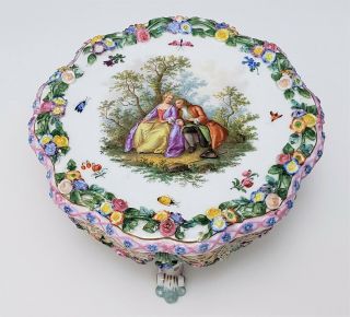 Meissen Porcelain Table / Stand W Encrusted Flowers And Courting Couple Portrait