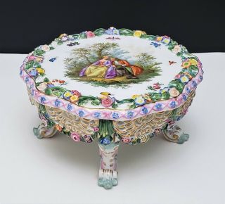 Meissen Porcelain Table / Stand w Encrusted Flowers and Courting Couple Portrait 2