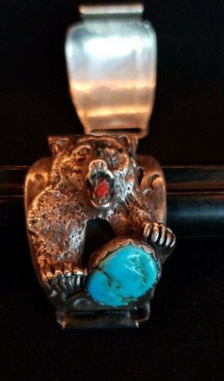 Vintage Native American Old Pawn Sterling Silver & Turquoise Bear Watch Band 42g