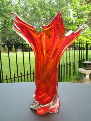 Vtg Twisted Murano Italy Glass Vase Orange Red To Clear 14.  5 " X 11 " Flame Rim