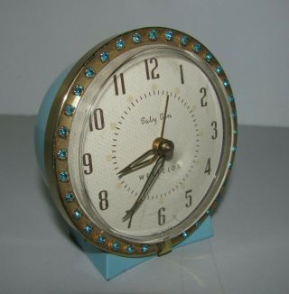 Vintage Westclox Baby Ben Alarm Clock Blue With Blue Rhinestones Surround " Gwo "