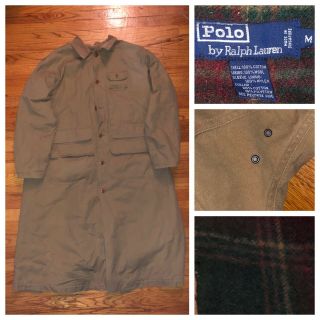 Vtg Polo Ralph Lauren Brown Canvas Wool Blanket Lined Duster Trench Coat Large