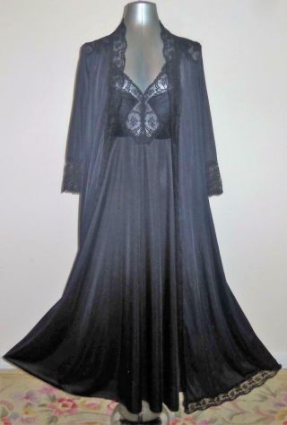Vtg Olga Bodysilk Black Spandex Lace Nylon Gown Sweep Nightgown Robe Lingerie L