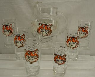 Vintage Esso Exxon Tiger In Your Tank Advertising Pitcher & 6 Glass Set