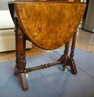 Antique 19th C.  French Burl Walnut Veneer Inlaid Drop Leaf Game Side Oval Table