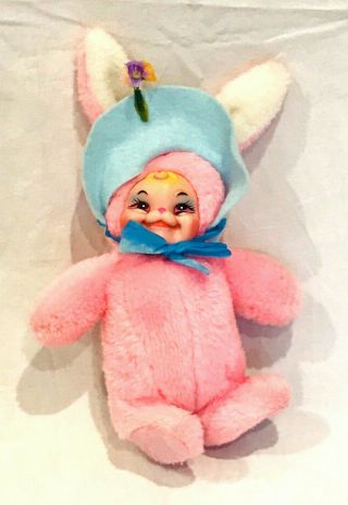 Vintage Rushton Rubber Face Stuffed Pink Bunny Rabbit 10” Tall 2