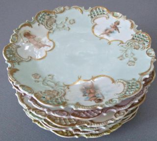 Set 6 Antique HP Porcelain Plates CHERUBS Lush GILT Decorations VIENNA Limoges 2