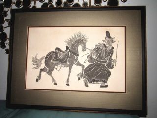 Vintage Woodblock Rubbing Print Chinese Man And His Horse Framed