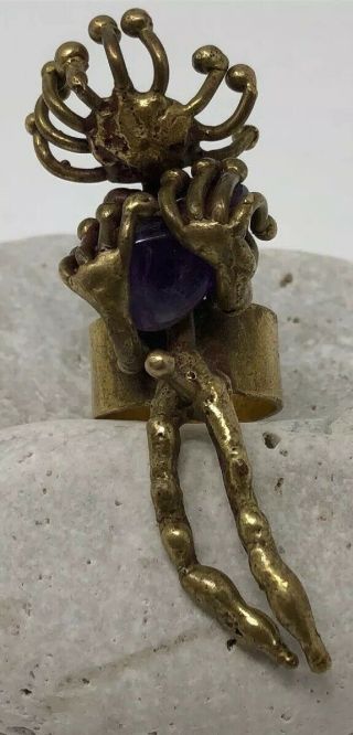 Rare Vintage Erotica Fertility? Modernist Brutalist Brass/bronze Amethyst Ring