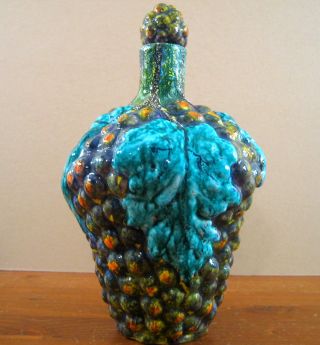 Vintage Majolica Wine Water Decanter Stopper Purple Grape Cluster Italy Pottery
